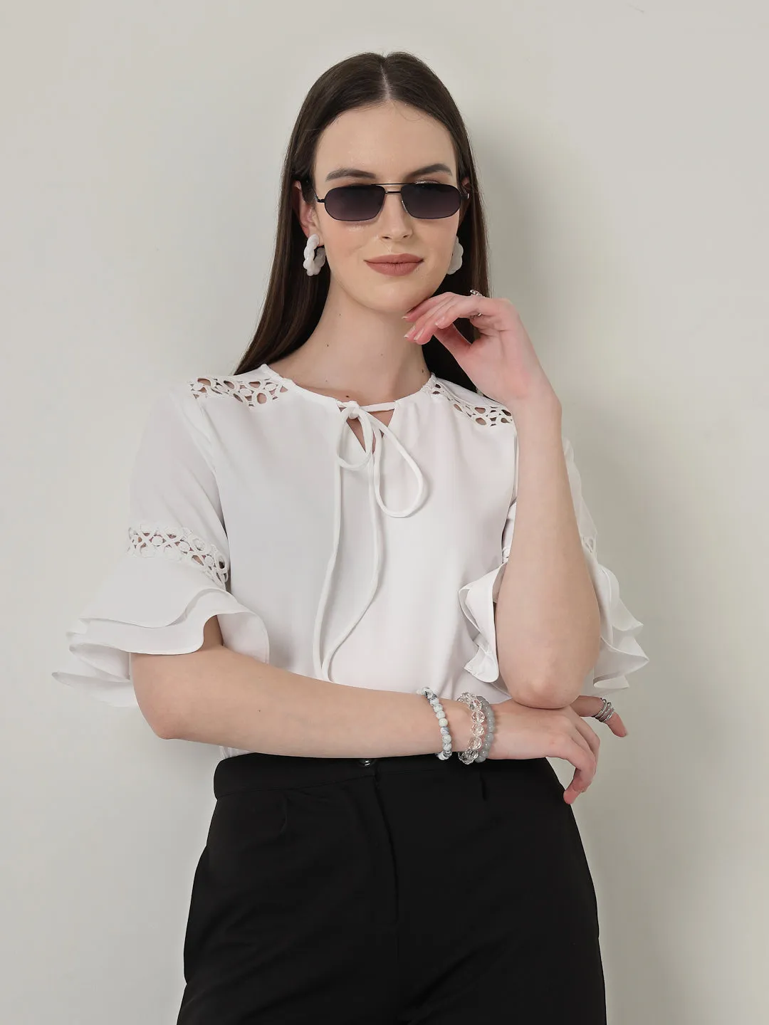 Style Quotient Women Solid White Polymoss Regular Fit Smart Casual Lace Insert Top