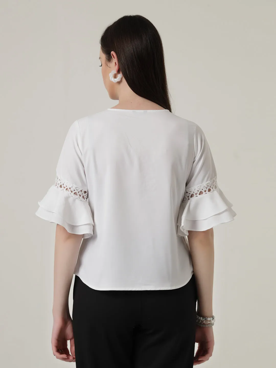 Style Quotient Women Solid White Polymoss Regular Fit Smart Casual Lace Insert Top