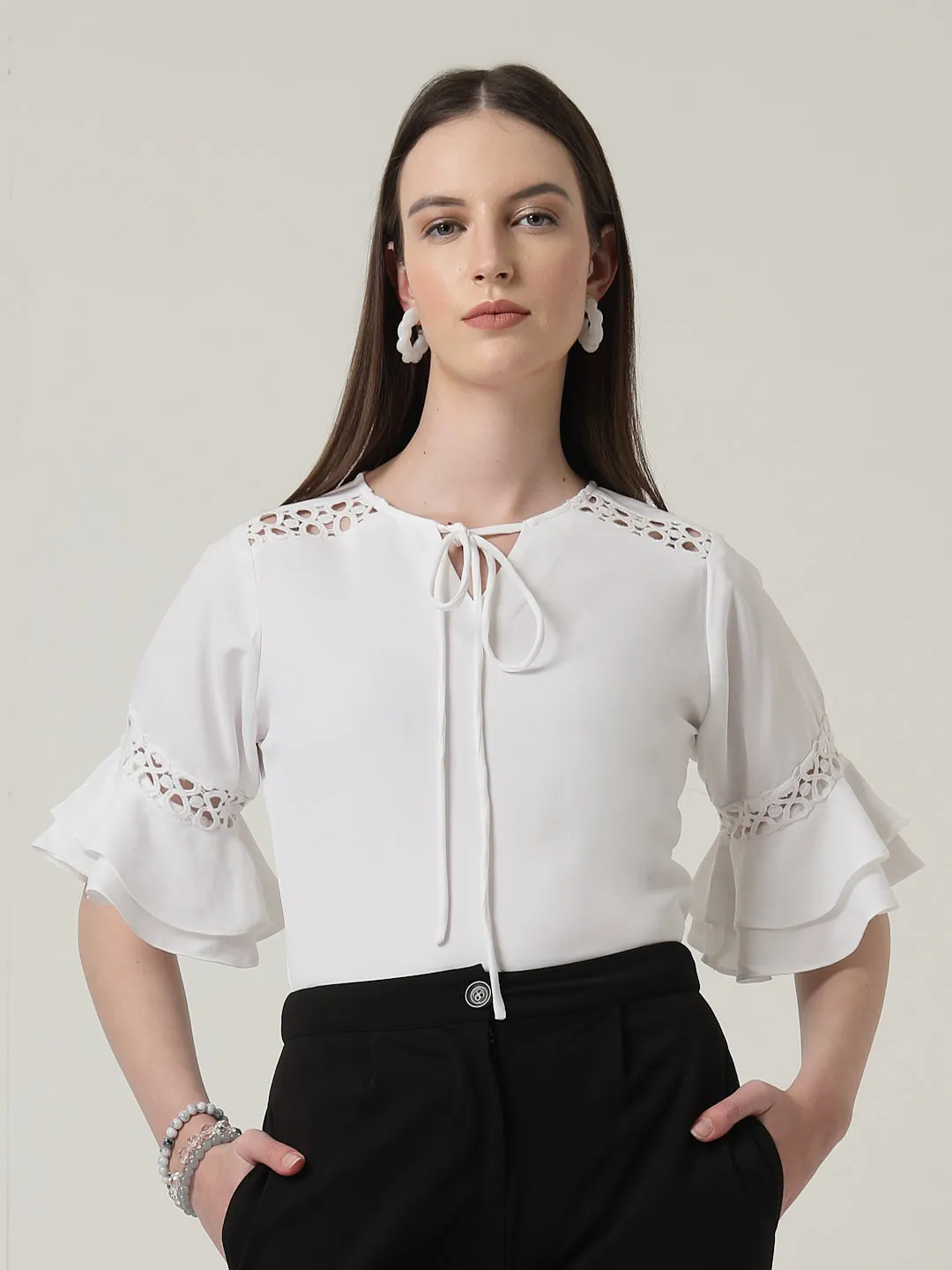 Style Quotient Women Solid White Polymoss Regular Fit Smart Casual Lace Insert Top
