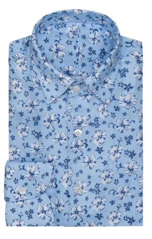 Testa Light Blue with White Blue Hawaiian Flowers Pure Organic Linen