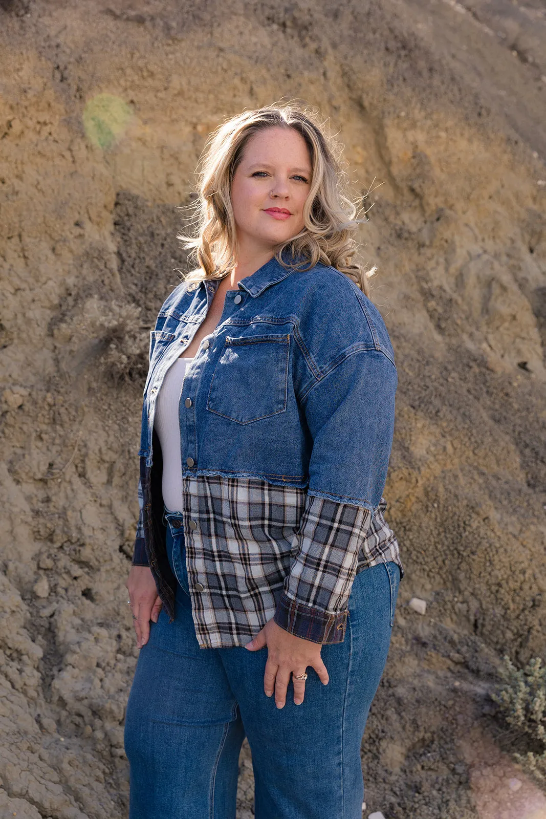 Toni Denim & Plaid Check Button Down Shacket Curvy