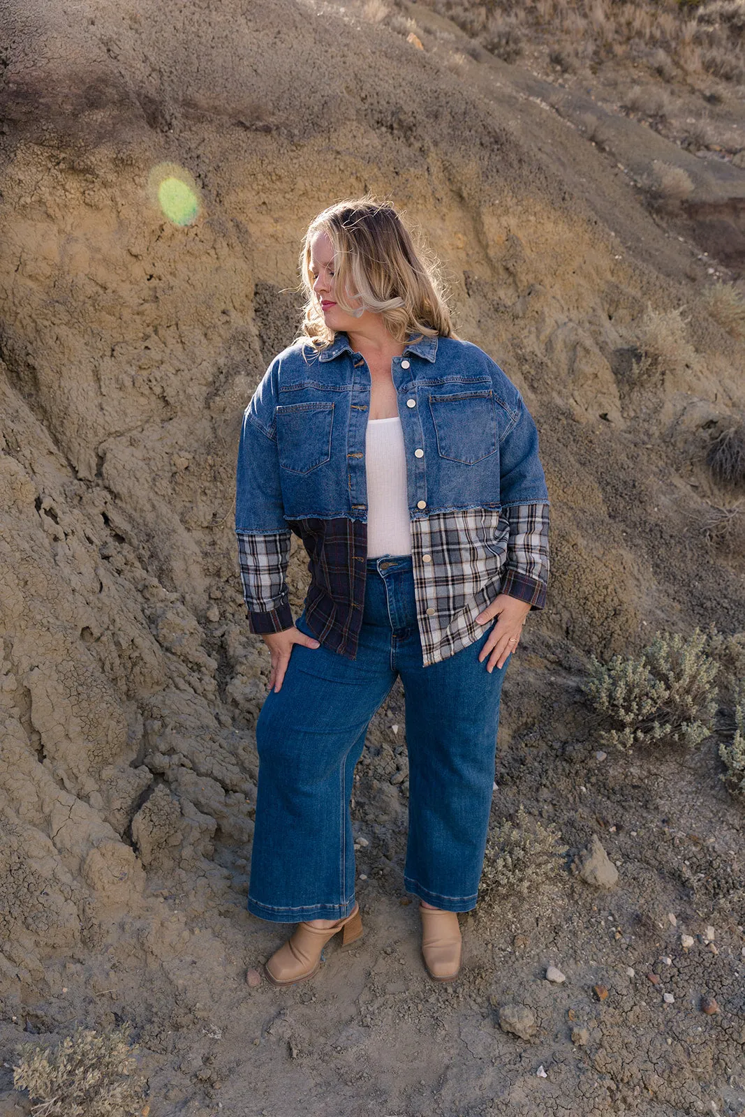 Toni Denim & Plaid Check Button Down Shacket Curvy