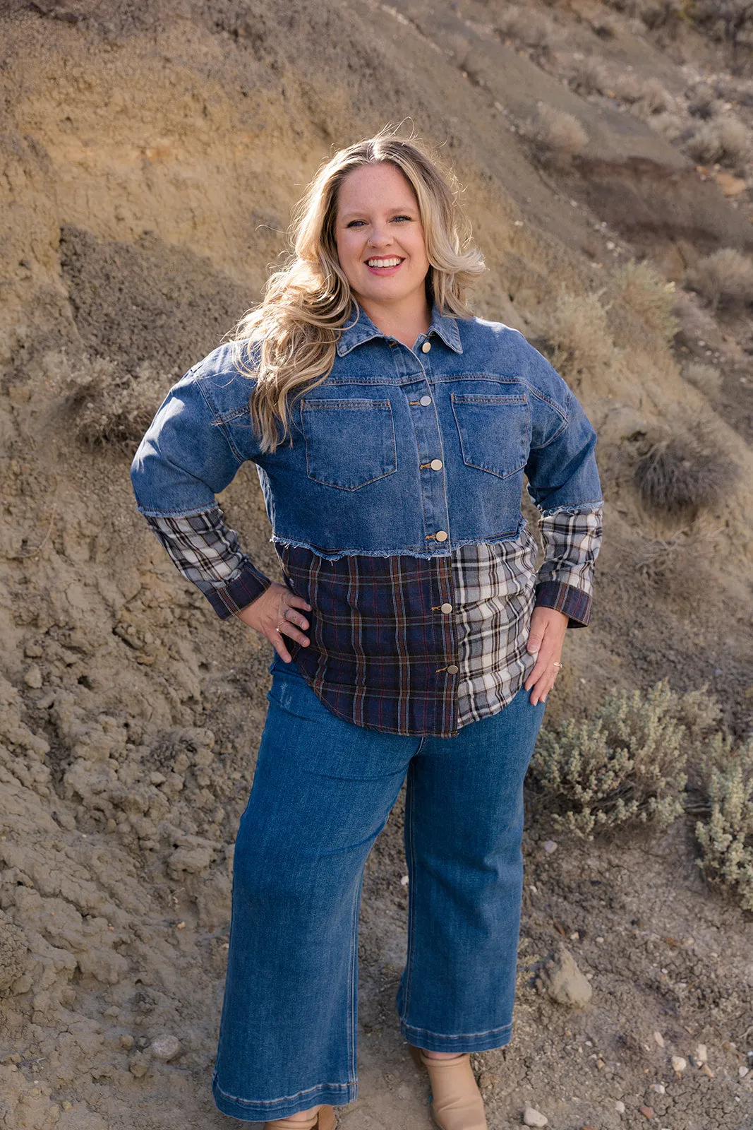 Toni Denim & Plaid Check Button Down Shacket Curvy