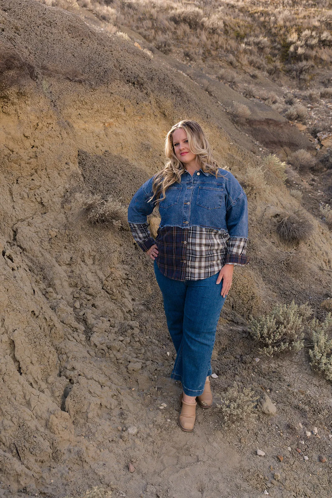 Toni Denim & Plaid Check Button Down Shacket Curvy