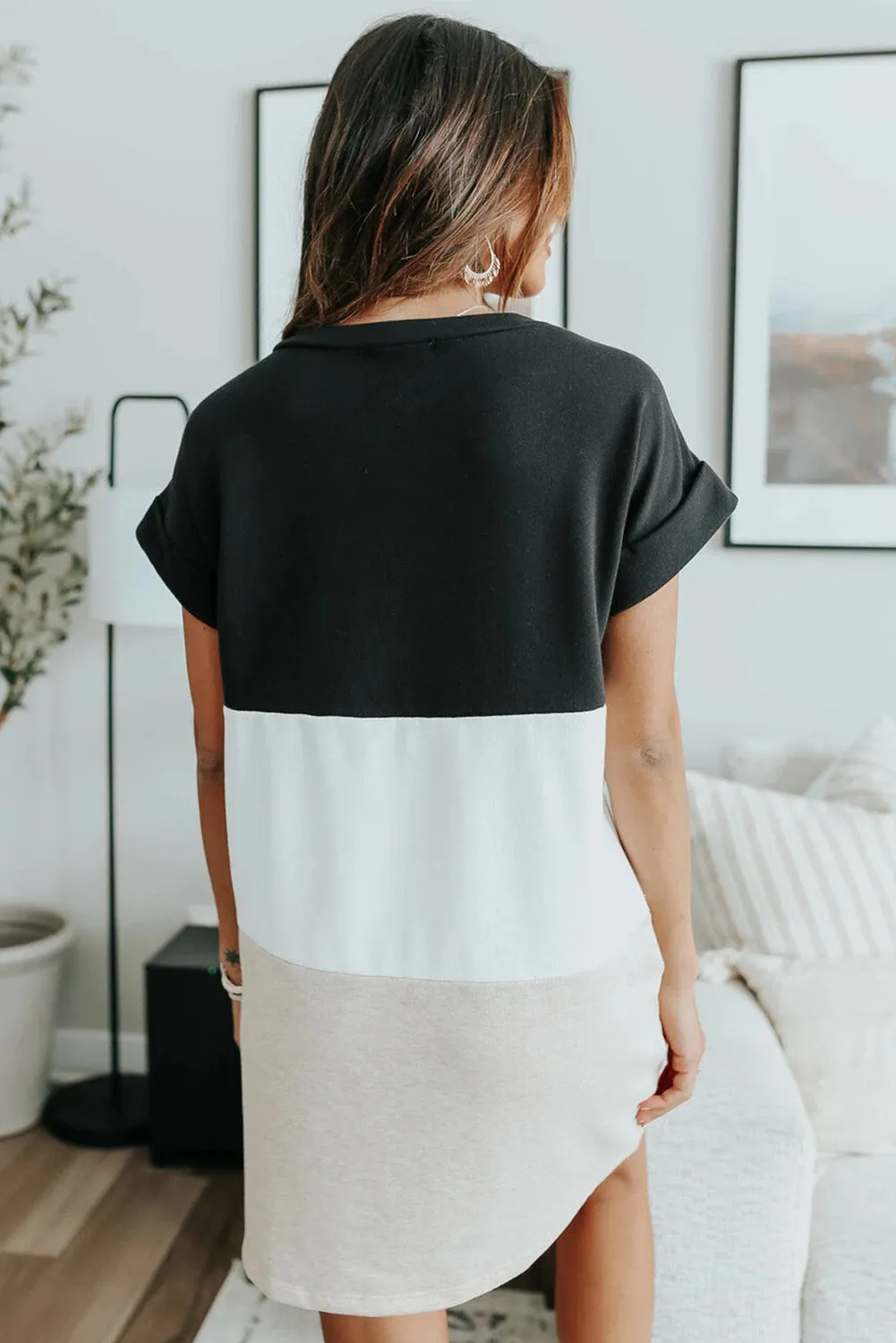 Triple Color Block Rolled Short Sleeve Mini Dress