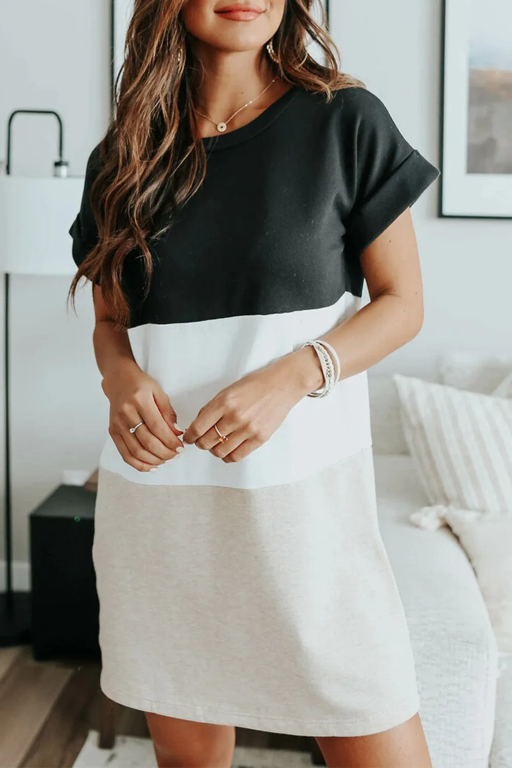Triple Color Block Rolled Short Sleeve Mini Dress