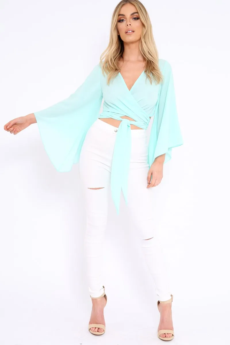 Turquoise Wrap Tie Crop Blouse - Kay