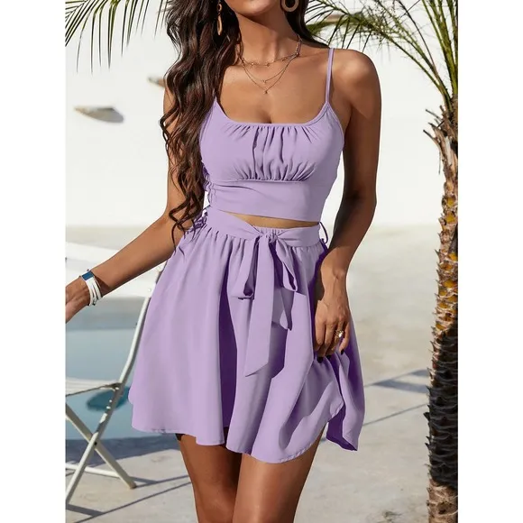 ❗️two piece skirt set: Ruched Cami crop Top &amp; Belted mini Skirt black