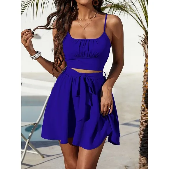 ❗️two piece skirt set: Ruched Cami crop Top &amp; Belted mini Skirt black