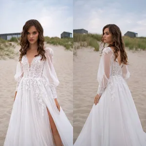 V-Neck Wedding Dresses Puff Sleeves High Slit Backless Bridal Gown