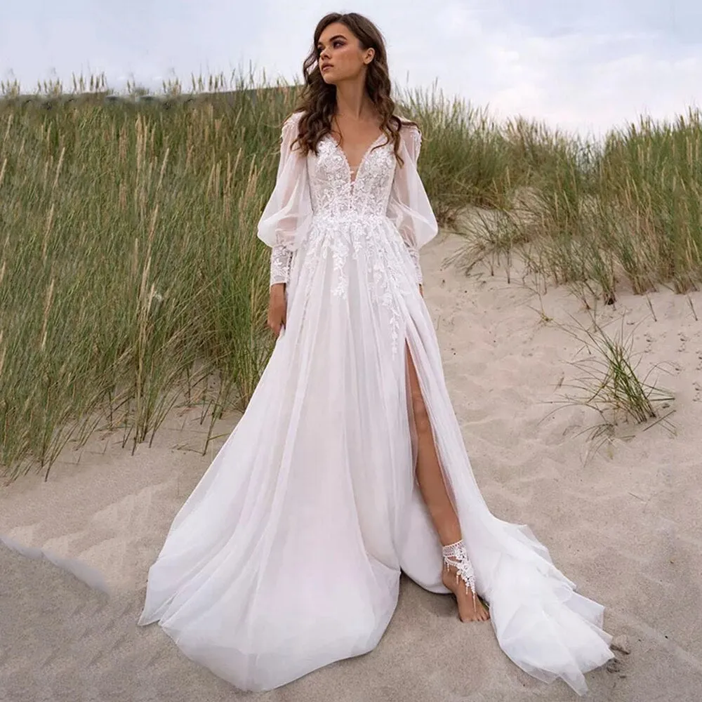 V-Neck Wedding Dresses Puff Sleeves High Slit Backless Bridal Gown