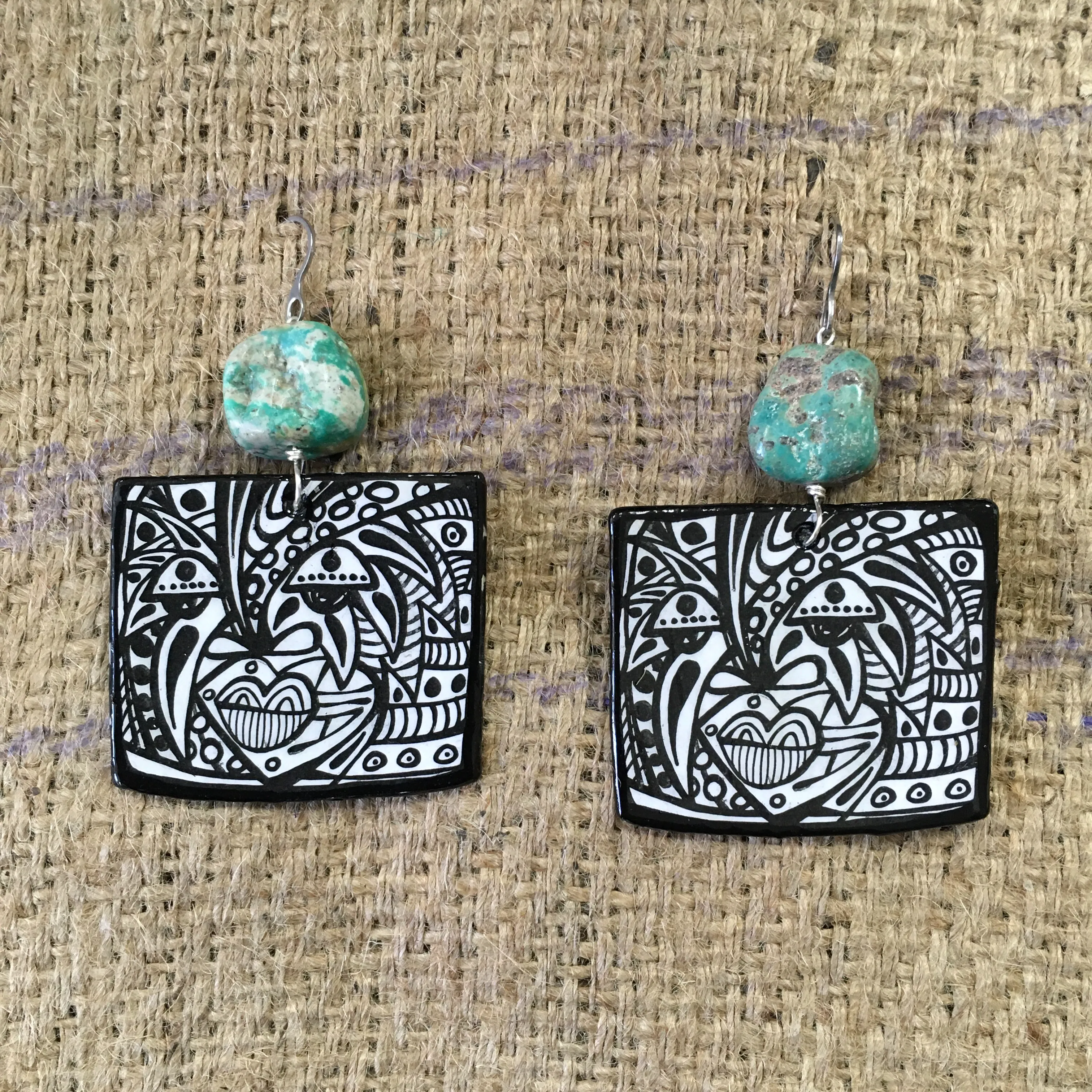 Via Wearable Art Earrings Black-White Mask Afrocentric