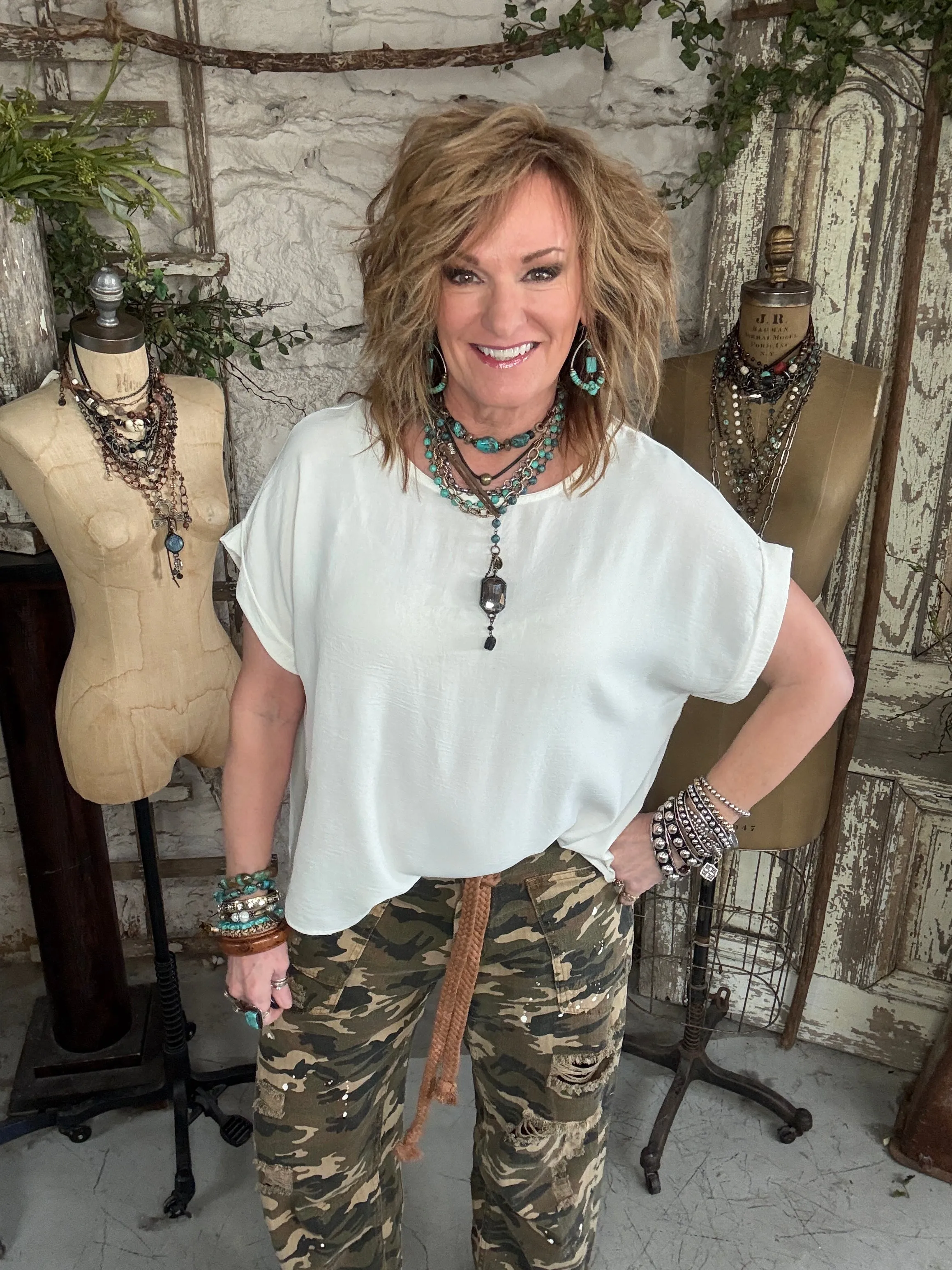 White Rolled Sleeve Top