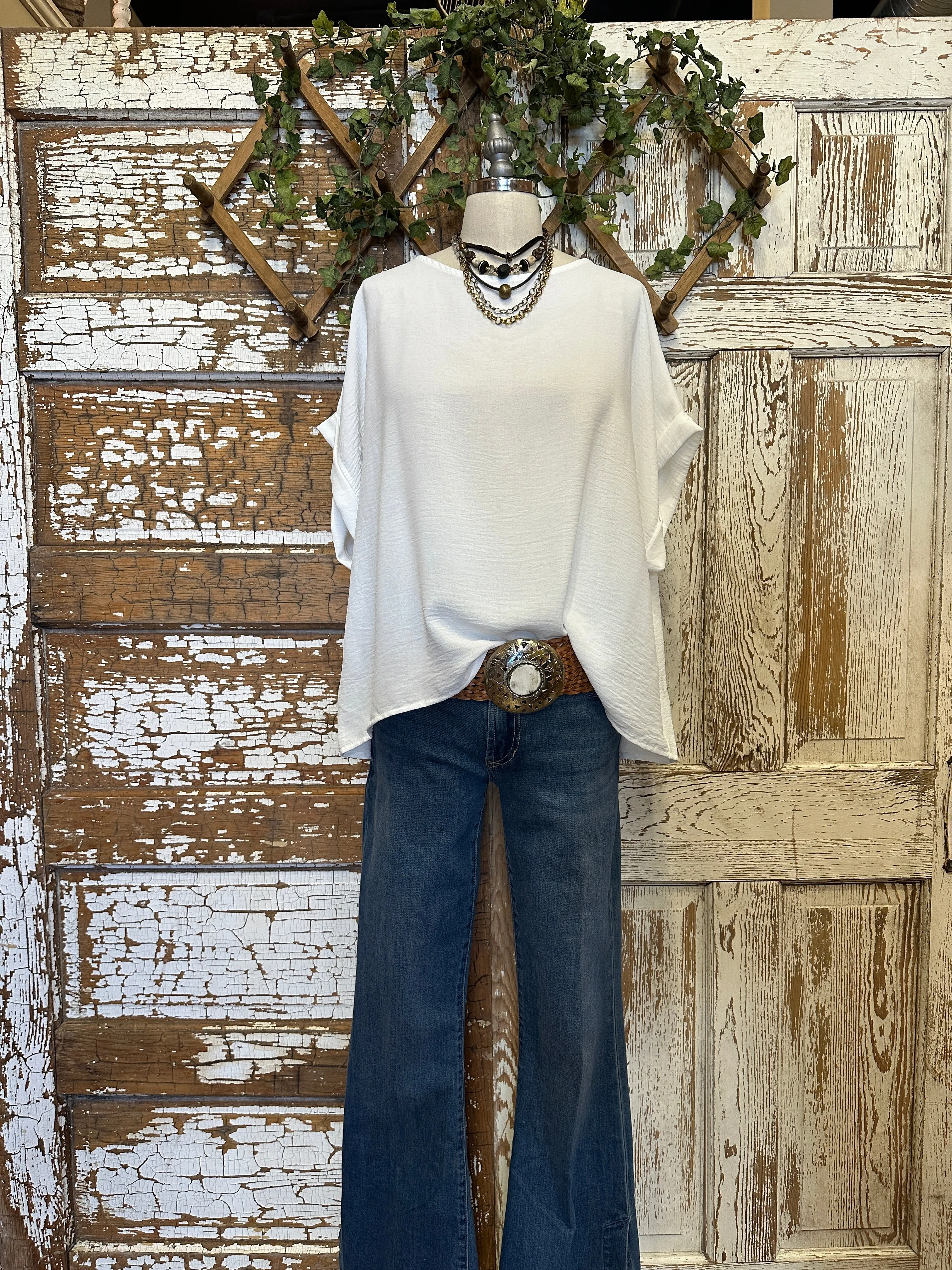 White Rolled Sleeve Top