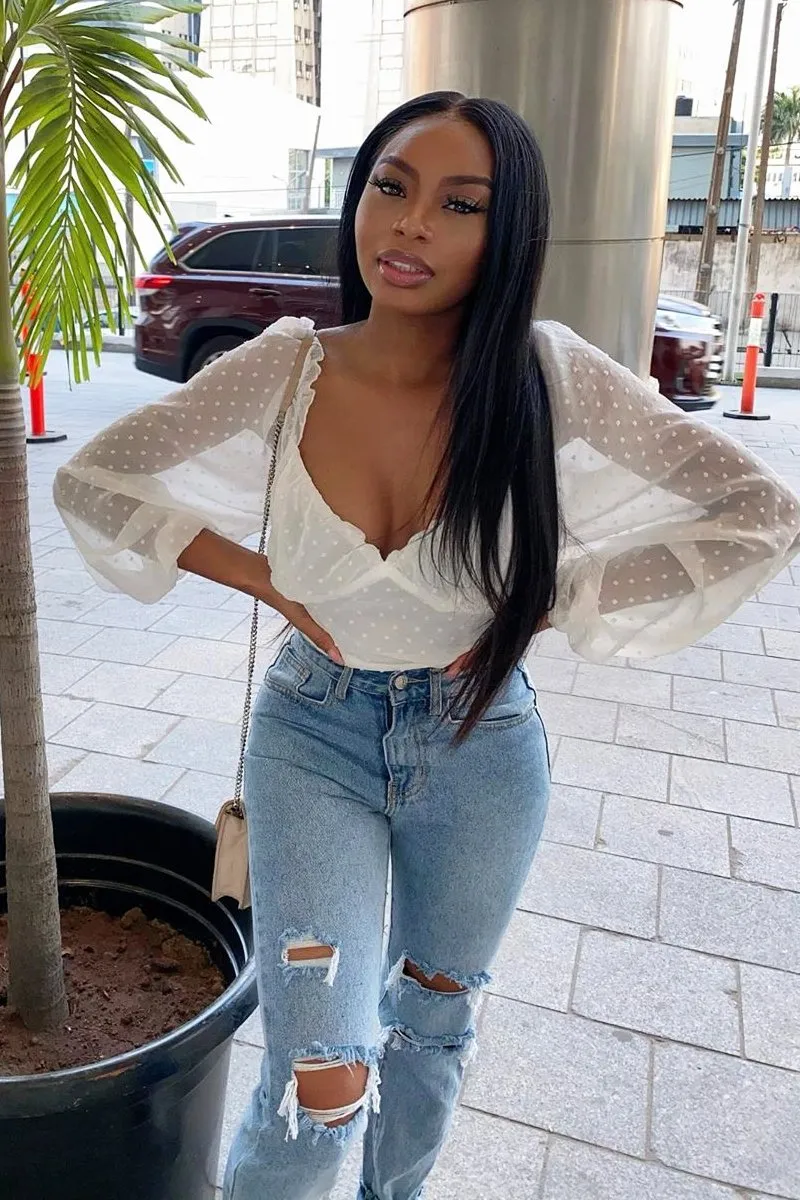 White Swiss Dot Frill Trim Crop Top - Mena