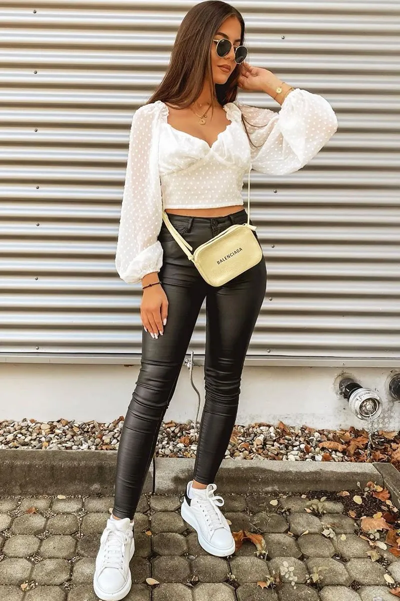 White Swiss Dot Frill Trim Crop Top - Mena