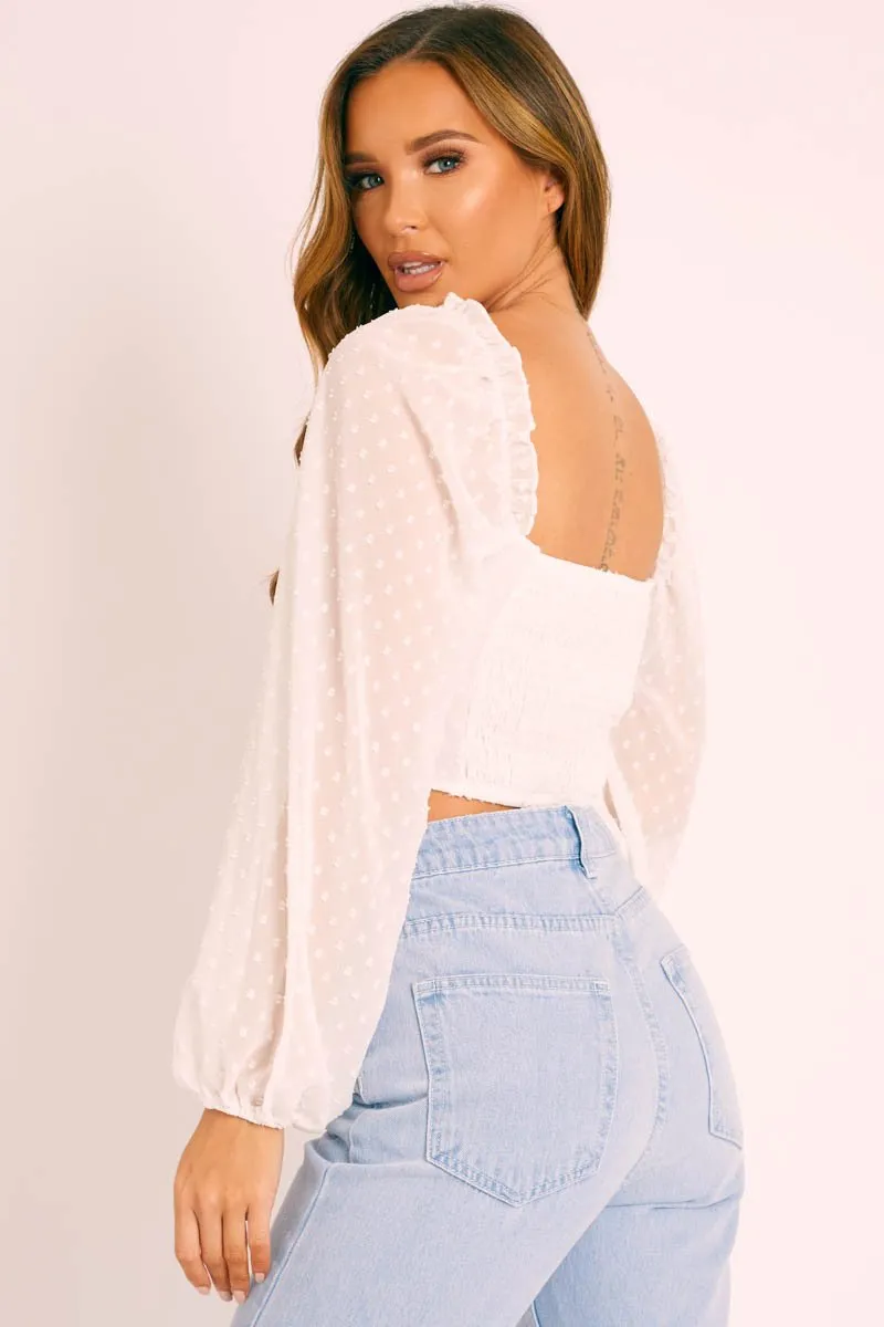White Swiss Dot Frill Trim Crop Top - Mena