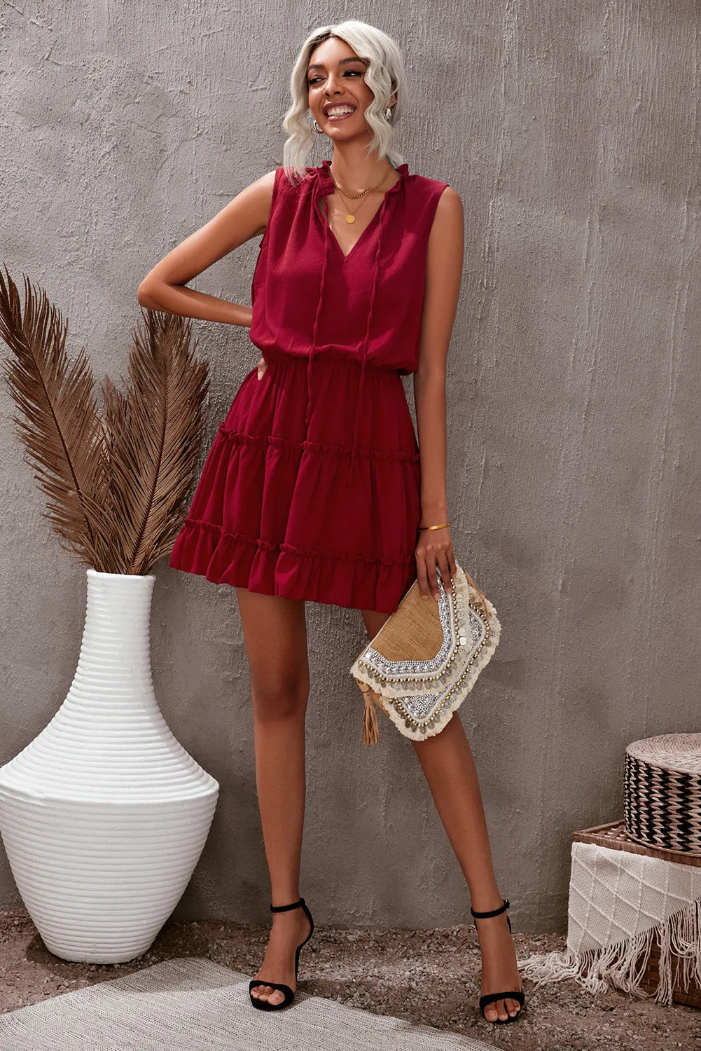 Wine Red Sleeveless V Neck Ruffled Swing Mini Dress