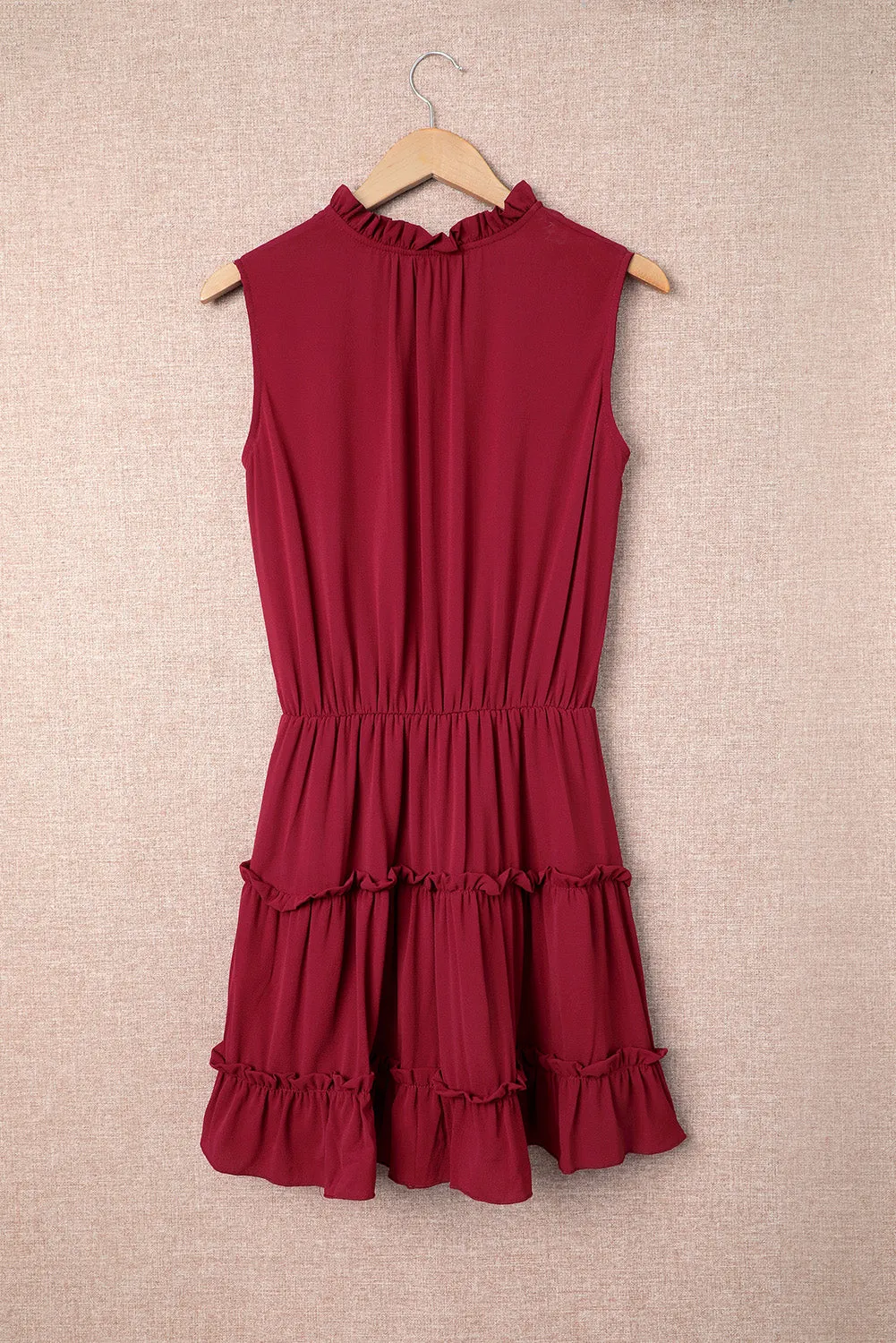 Wine Red Sleeveless V Neck Ruffled Swing Mini Dress