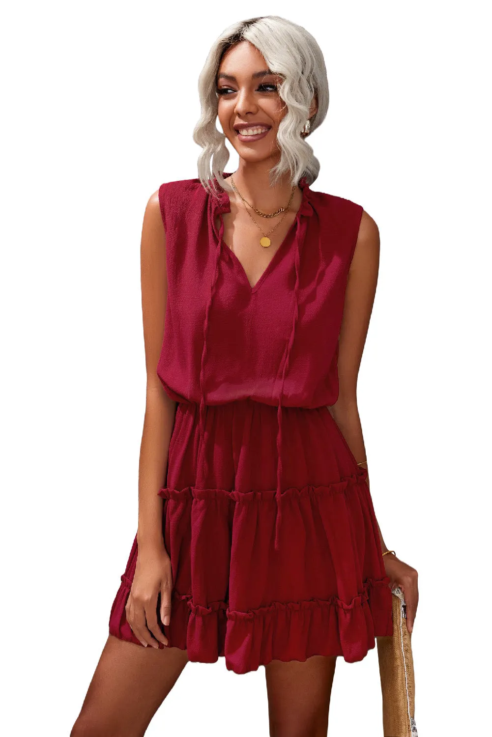 Wine Red Sleeveless V Neck Ruffled Swing Mini Dress