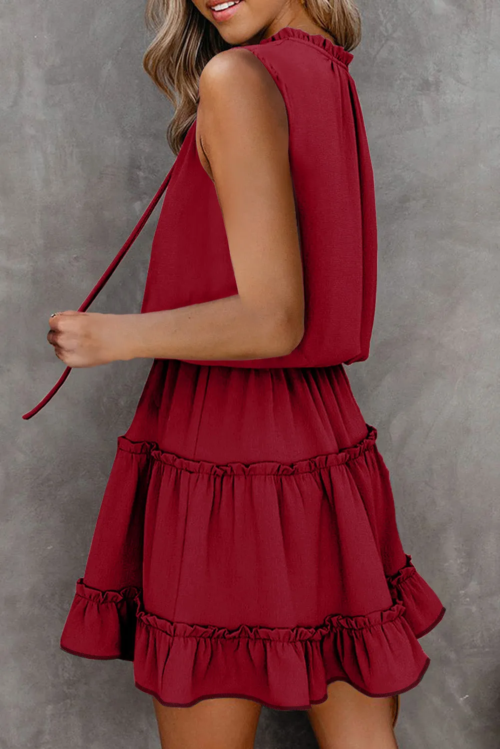 Wine Red Sleeveless V Neck Ruffled Swing Mini Dress