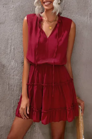 Wine Red Sleeveless V Neck Ruffled Swing Mini Dress