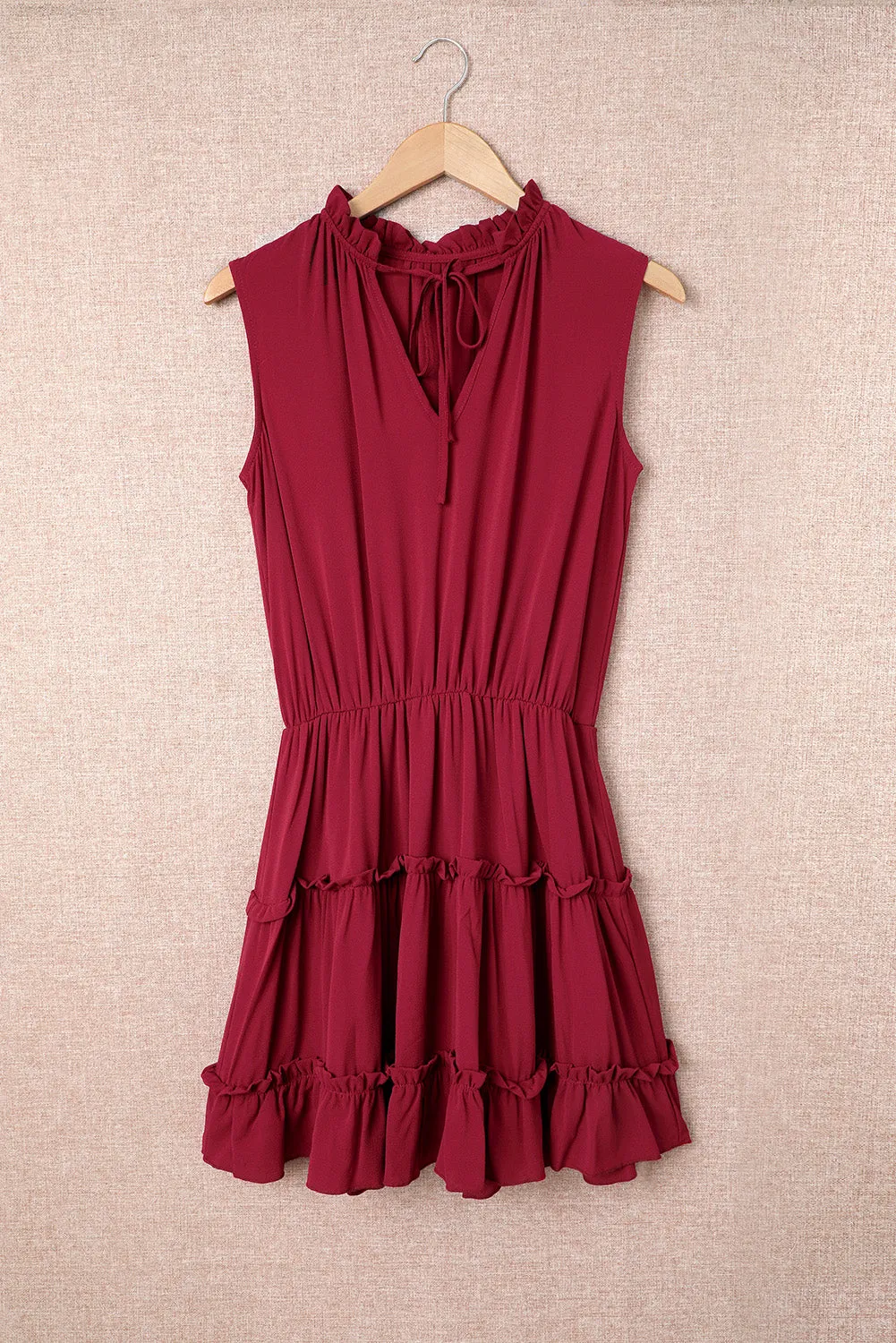 Wine Red Sleeveless V Neck Ruffled Swing Mini Dress